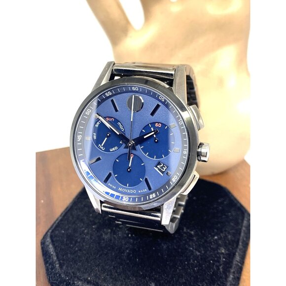Movado Mens Watch 0607624 Blue Dial Swiss Quartz Chronograph Black Gunmetal 43mm